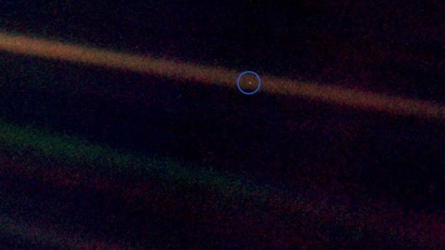 Foto da sonda Voyager ao deixar o sistema solar mostrando o Planeta Terra (pálido ponto azul).