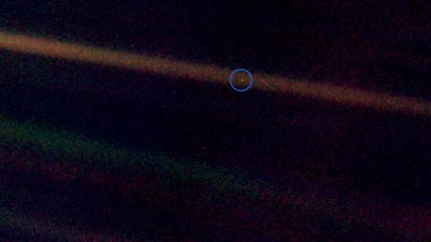 Foto da sonda Voyager ao deixar o sistema solar mostrando o Planeta Terra (pálido ponto azul).
